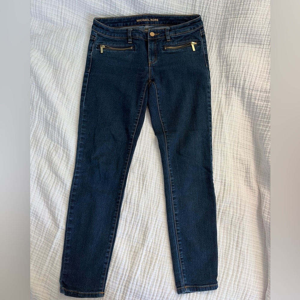 Michael Kors Dark Indigo Skinny Jeans with Gold Zipper Detail